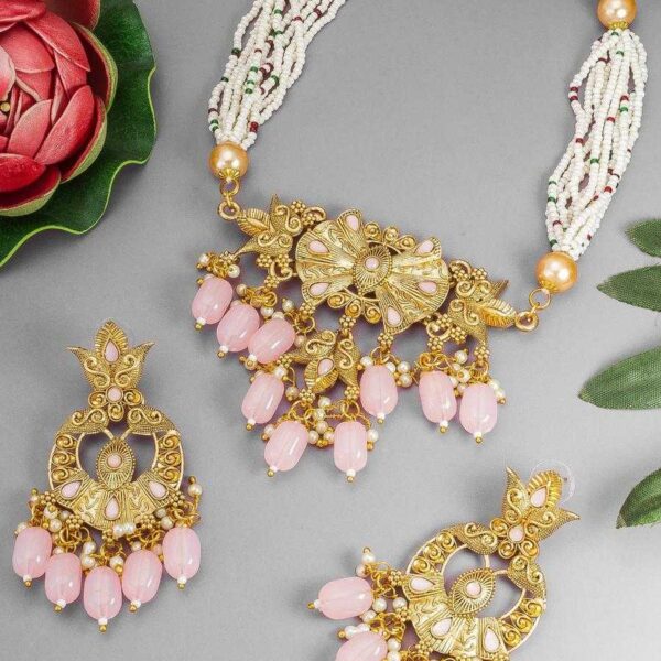 Traditional Handcrafted Pink Necklace Set with Kundan and Beads